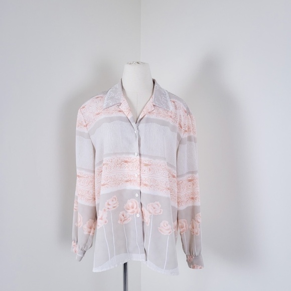 *Free With Purchase* Vintage neutral blouse button down oversized flowy 90s - Picture 2 of 10
